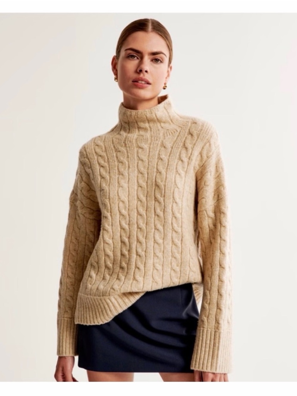 Abercrombie & Fitch - Cable Easy Funnel Neck Sweater - Light Brown - Small